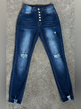 High Rise Button Fly Distressed Skinny Jeans Blue Size S Women’s